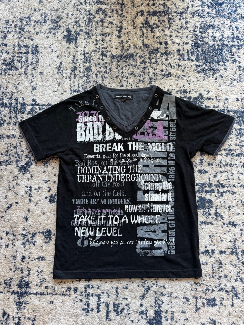 Y2K Black Graphic V-Neck Tee with Eyelet Trim